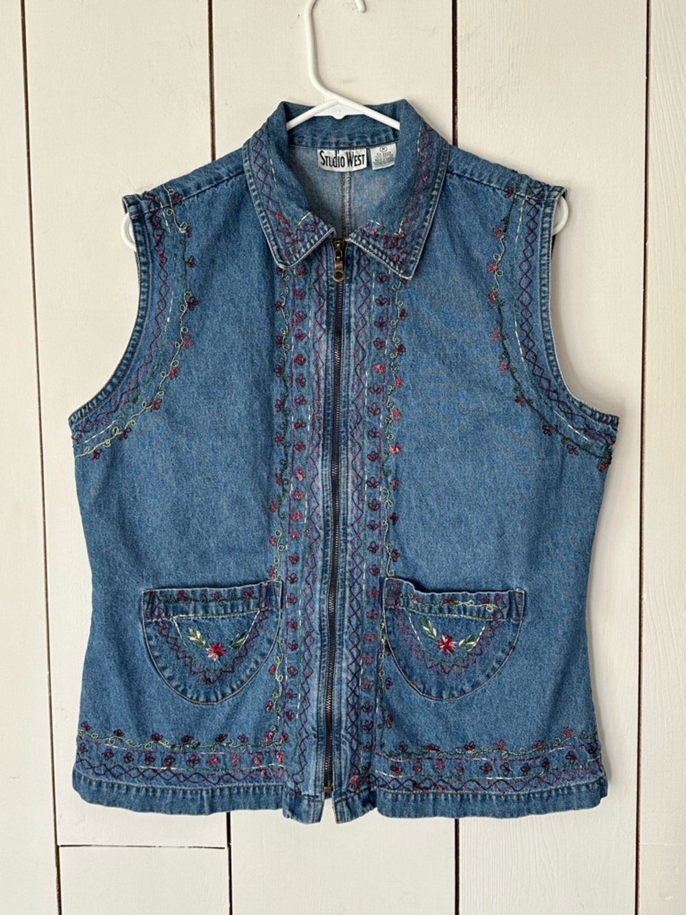Vintage 90s Gritty Boho Embroidered Denim Vest Sz M Hippie Grunge Festival